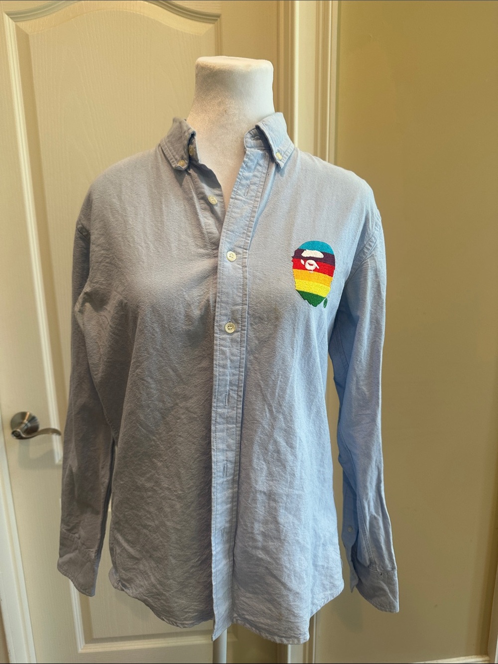 A Bathing Ape Light Blue Button-Down Shirt with Rainbow Patch